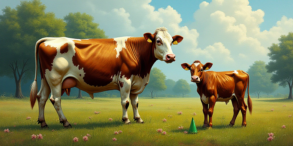 a cow and a calf are standing next to each other in a field of grass and trees, with a green marker