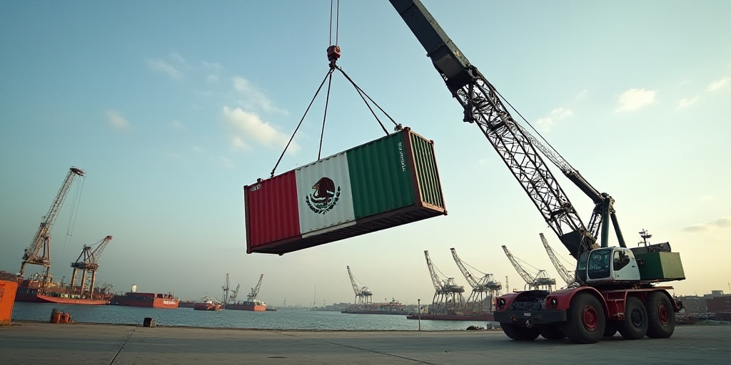a crane is lifting a container with the flag of mexico on it to be lifted by a crane in the air, Aqu