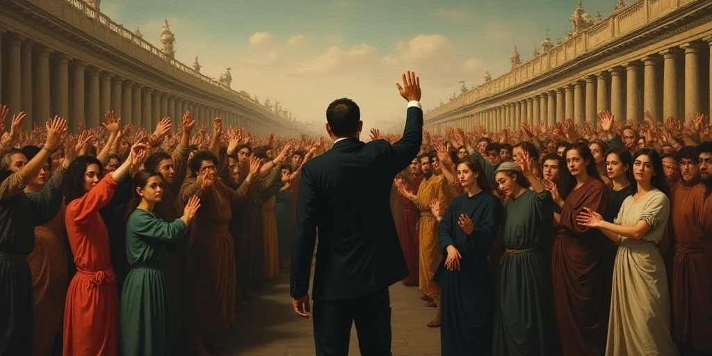 a crowd of people standing next to each other with their hands up in the air and a man in a suit, Ba