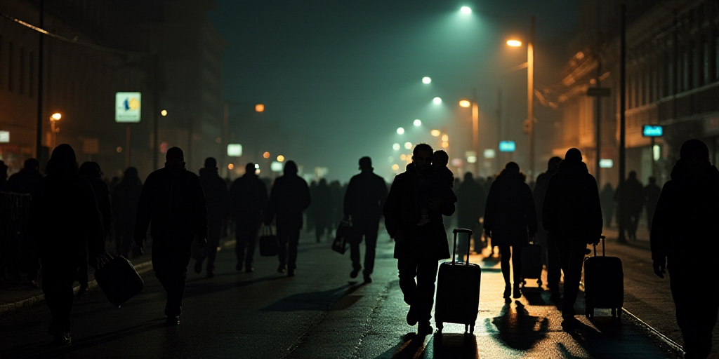 a crowd of people walking down a street at night with luggage bags on wheels and a man carrying a ch