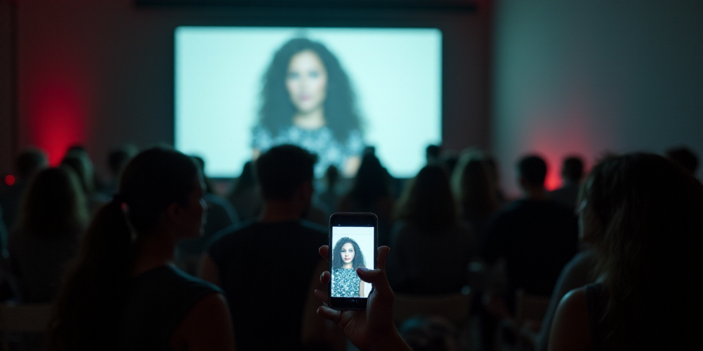 a crowd of people watching a presentation on a screen with a cell phone in front of them and a large