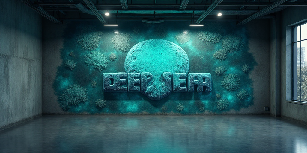 a deep sea logo is shown on a wall in a building in the city of delepeak, california, Beeple, deep d