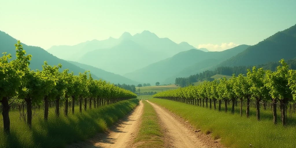 a dirt road in a green field with mountains in the background and a dirt road in the foreground, Ala