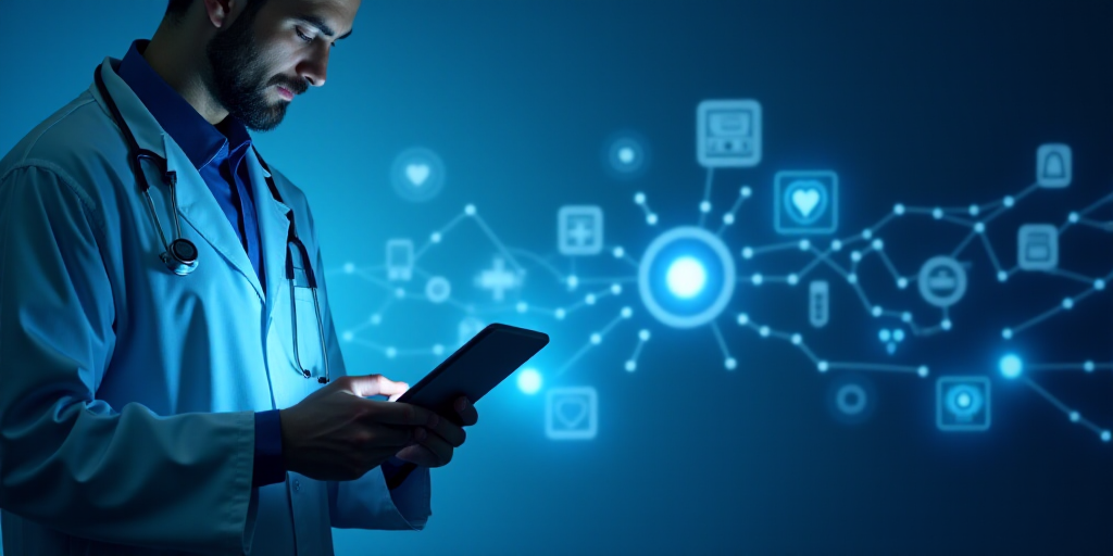 a doctor holding a tablet with medical icons in the background and a blue background with white line