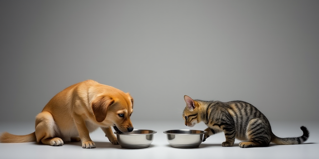 a dog and a cat eating out of their bowls together on a gray background with a grey background behin