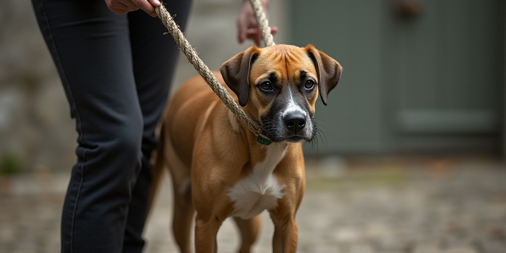 a dog is being held by a person with a leash on it's back and his head is on a rope, Elke Vogelsang,