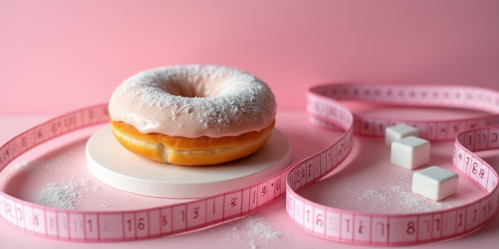 a donut and a measuring tape on a table with sugar cubes and ribbon on it and a measuring tape, Doro