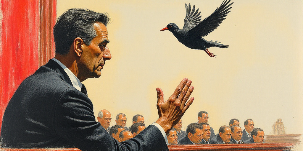 a drawing of a man in a courtroom looking at something in his hand and a bird flying overhead in the