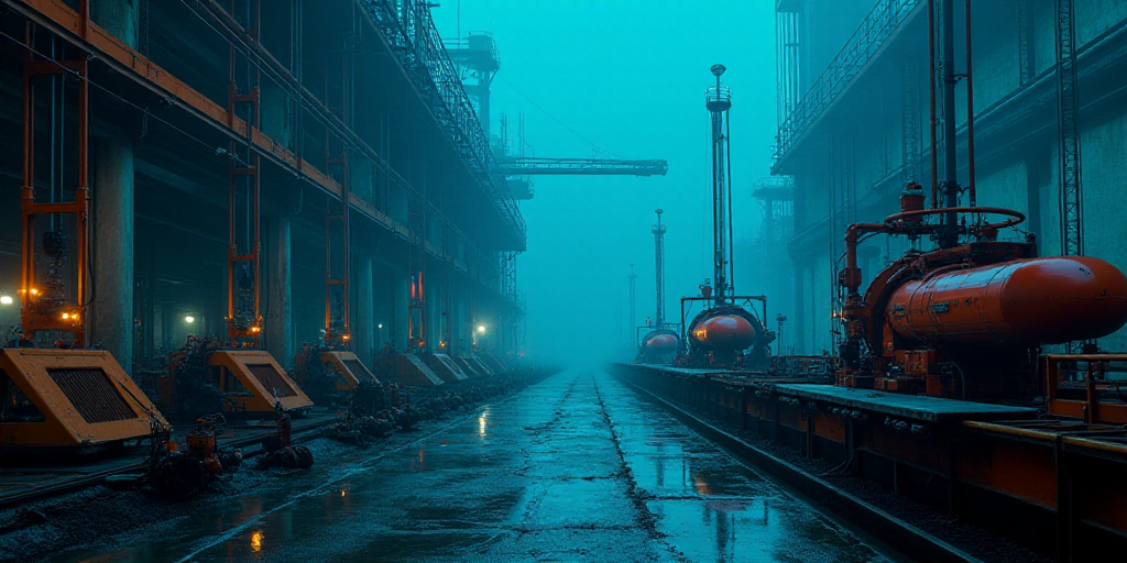 a factory with a lot of machinery and a lot of lights on it's side and a blue background, Constant P