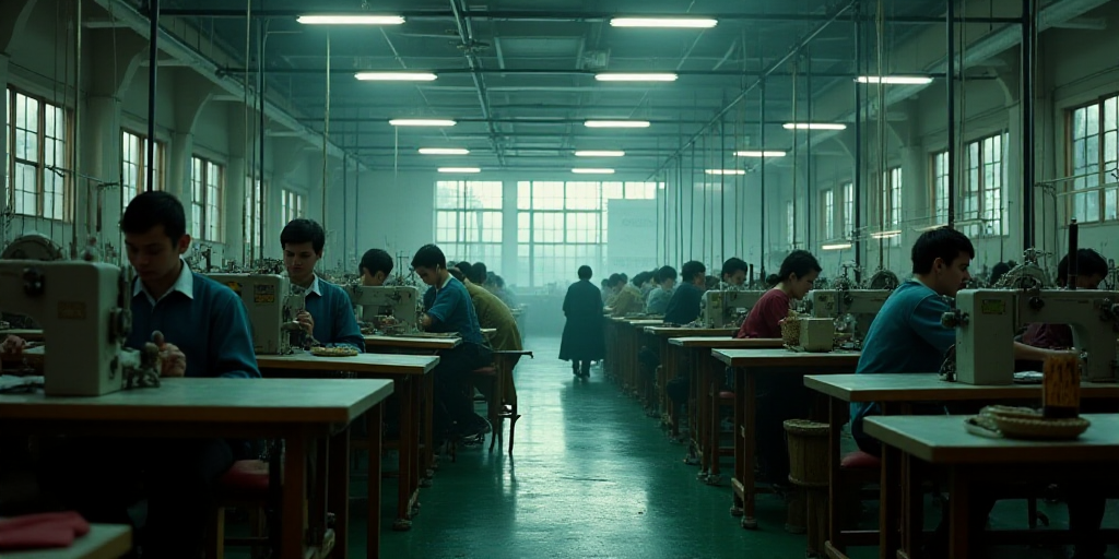 a factory with a lot of people working on sewing machines and chairs and a lot of people working on