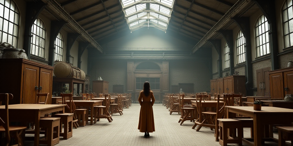 a factory with a lot of wooden chairs and tables in it's center area and a woman standing in the cen