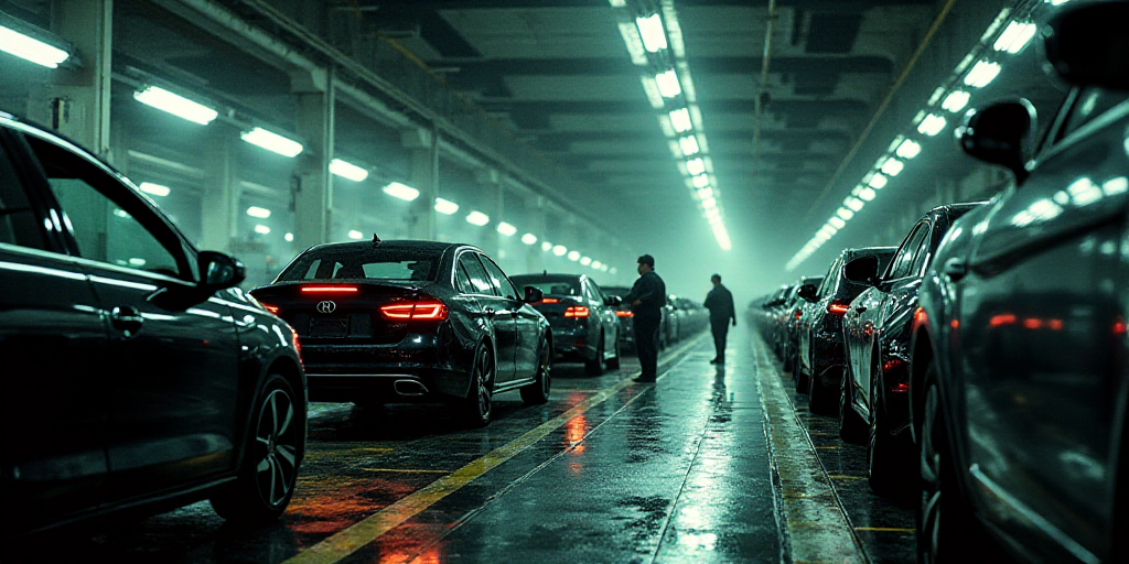 a factory with cars on assembly line and workers working on the assembly line and assembly line in t