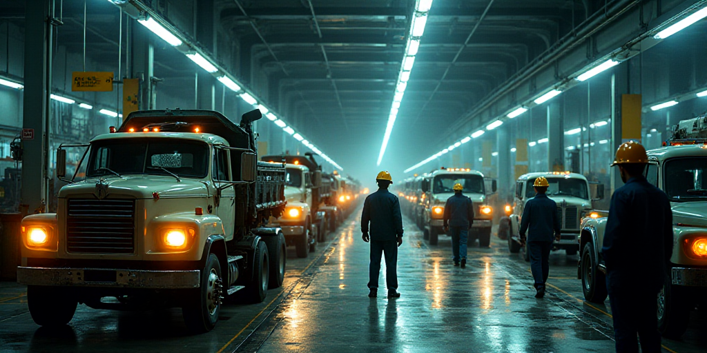 a factory with cars on assembly line and workers working on the assembly line and trucks on the asse