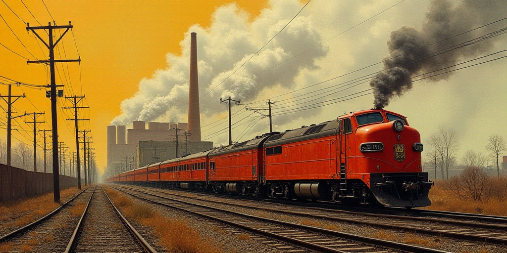 a factory with smoke stacks and power lines in the background and a train on the tracks in the foreg