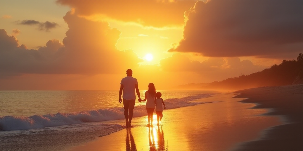 a family walking on the beach at sunset with the sun shining through the clouds above them and the w