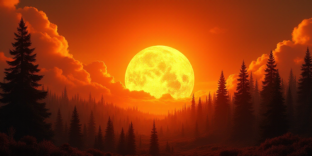 a fire blazing in the sky over a forest filled with trees and bushes, with a bright orange sky, Dahl