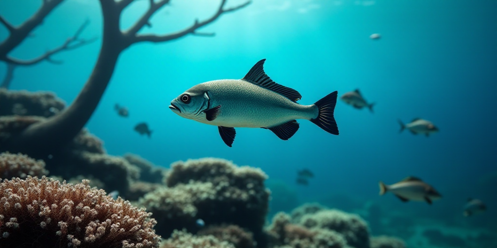 a fish swimming over a coral reef with a tree branch in the foreground and other fish swimming aroun
