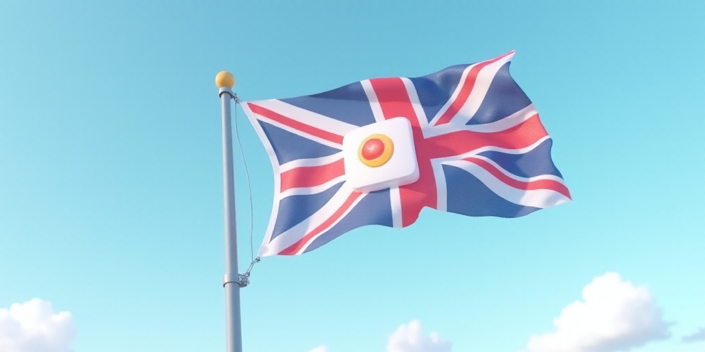 a flag and a computer logo flying side by side in the air with a blue sky in the background, Dahlov
