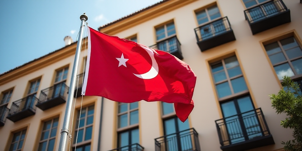 a flag flying in front of a building with a balcony and balconies on the second floor of the buildin