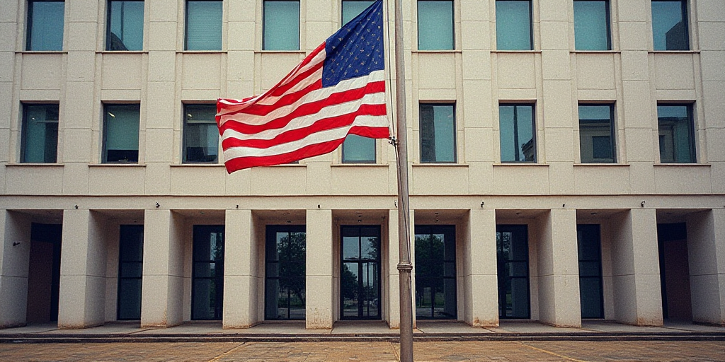 a flag flying in front of a building with windows and a flag pole in front of it with a flag, Dennis