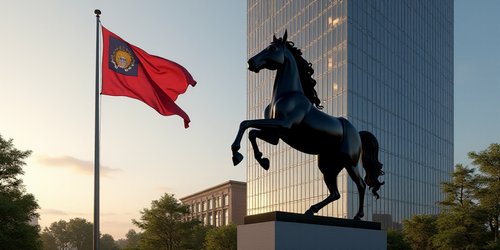 a flag flying in front of a tall building with windows in the background and a horse statue in the f