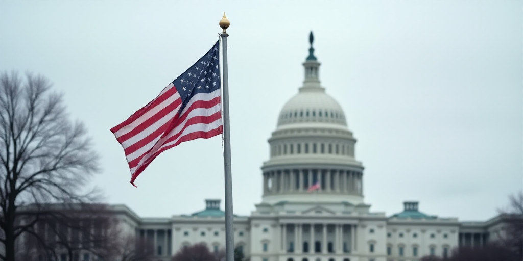 a flag flying in front of the capitol building in washington dc, usa, on a cloudy day with a white s