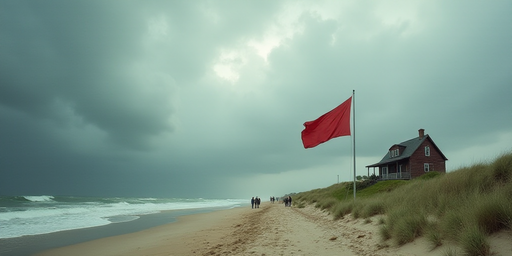 a flag flying on a beach next to a house on a cloudy day with people walking by it and a flag flying