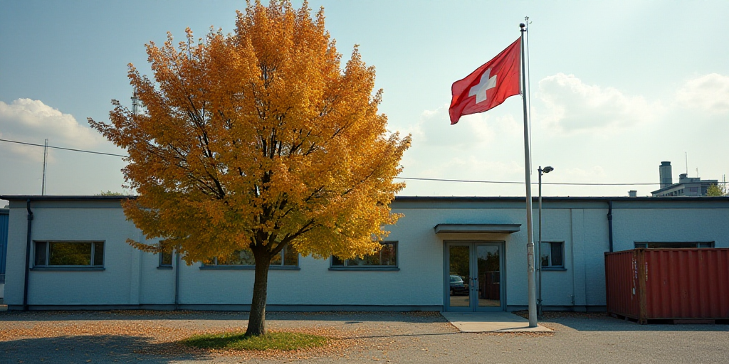 a flag is flying in front of a building with a tree in the foreground and a container on the other s
