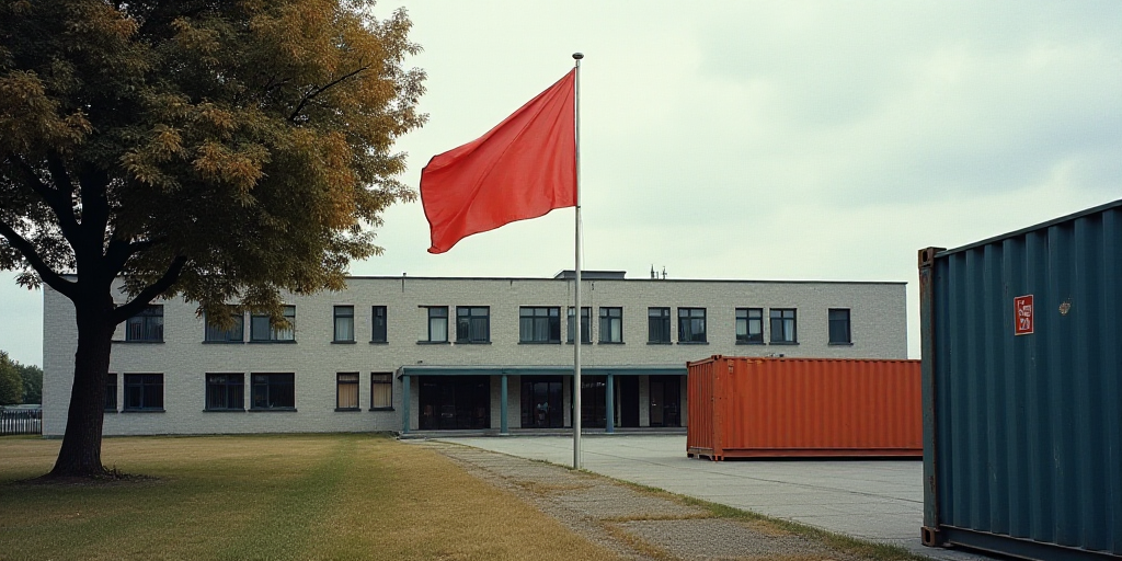 a flag is flying in front of a building with a tree in the foreground and a container on the other s