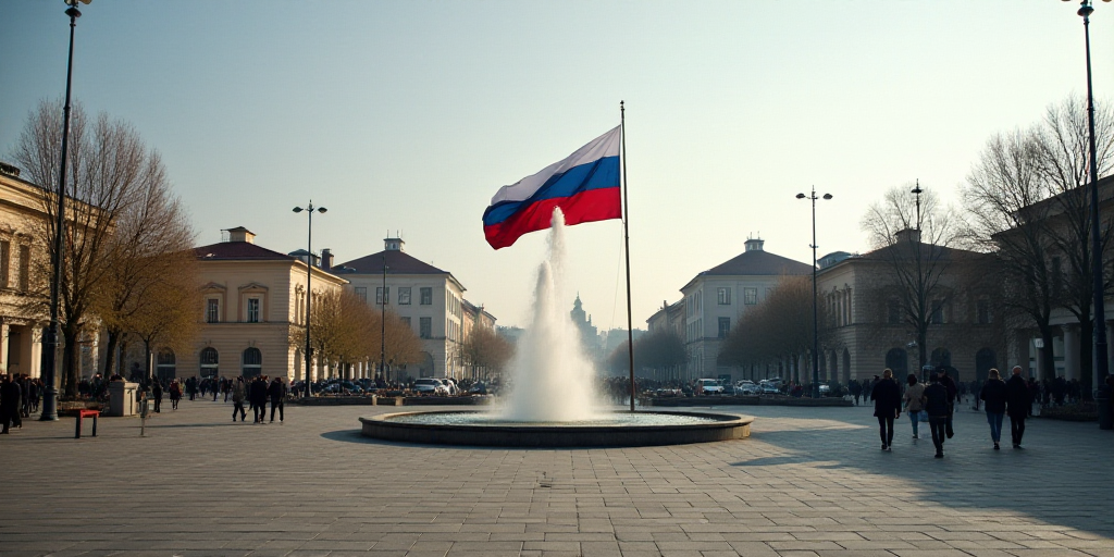 a flag is held up in a square in a city with buildings and people walking around it, and a fountain