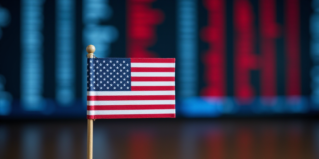 a flag is placed in front of a stock board with an american flag on it and a stock board in the back