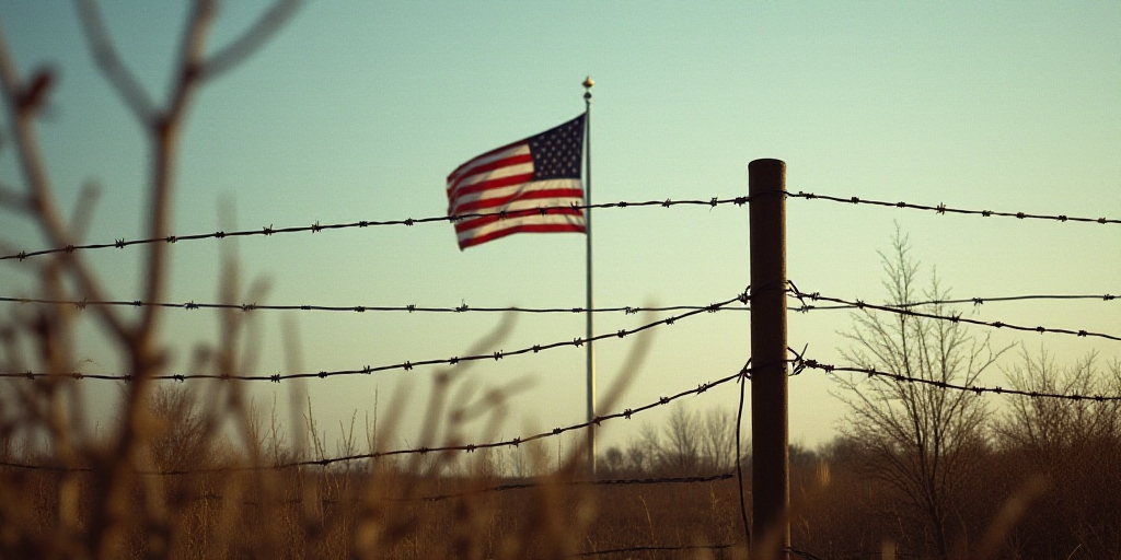 a flag is seen through a barbed wire fence with a pole in the background and a flag in the foregroun