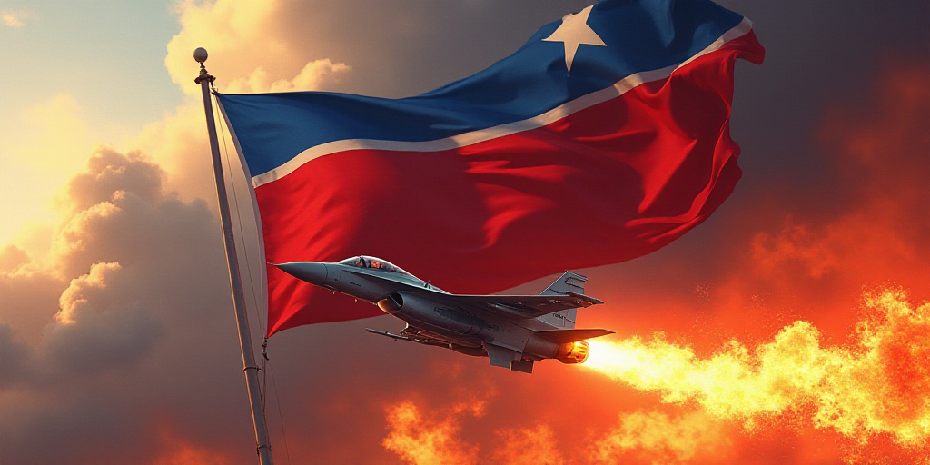 a flag with a jet fighter on it with a flame in the foreground and a flag in the background, Choi Bu