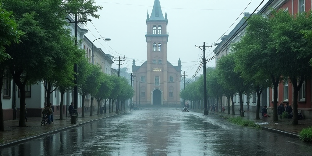 a flooded street with a church in the background and people walking around it in the rain and water
