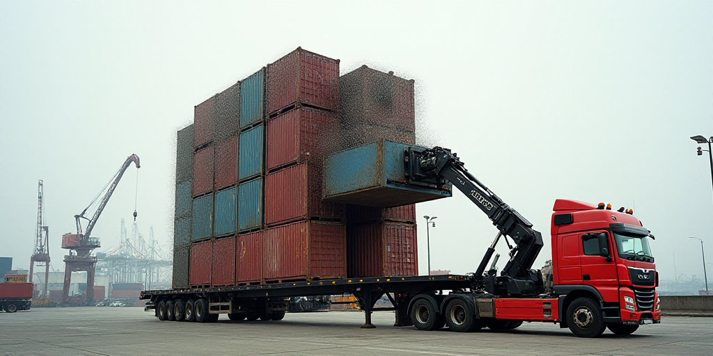 a forklift is lifting a large stack of containers into a truck bed in a shipping yard with a crane,