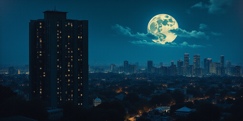 a full moon is seen over a city at night time with a building in the foreground and a building in th