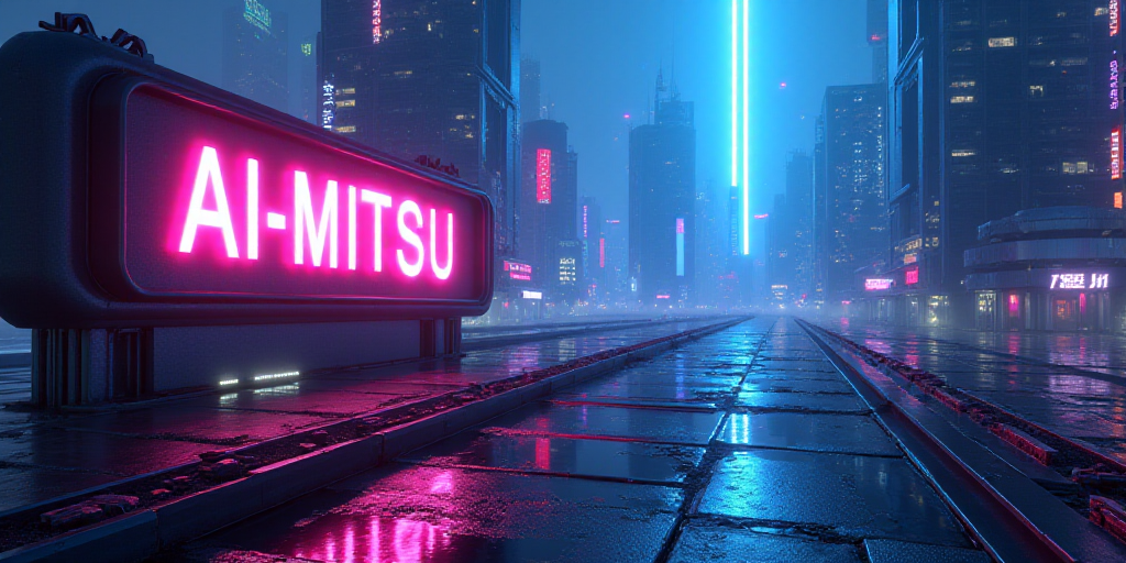 a futuristic city with a neon colored letter on it's side and a bright blue light above it, Ai-Mitsu