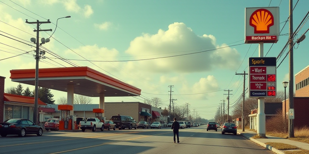 a gas station with cars parked on the side of the road and a man walking down the street in front of