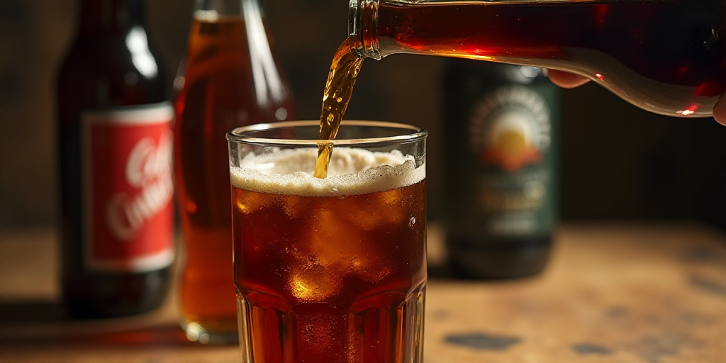 a glass of soda being poured into it with a bottle of beer in the background and a bottle of beer be