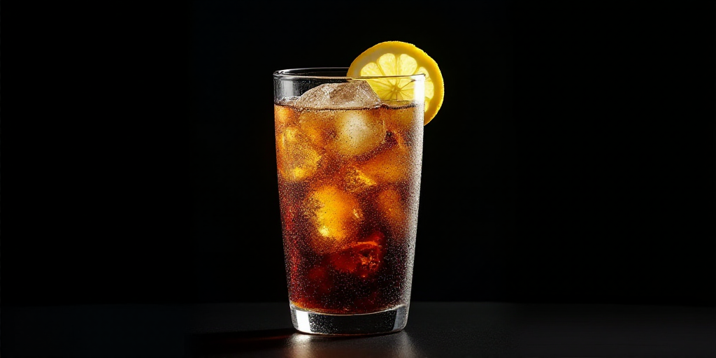 a glass of soda with ice and a slice of lemon on the side of it with a black background, Dorothy Cok
