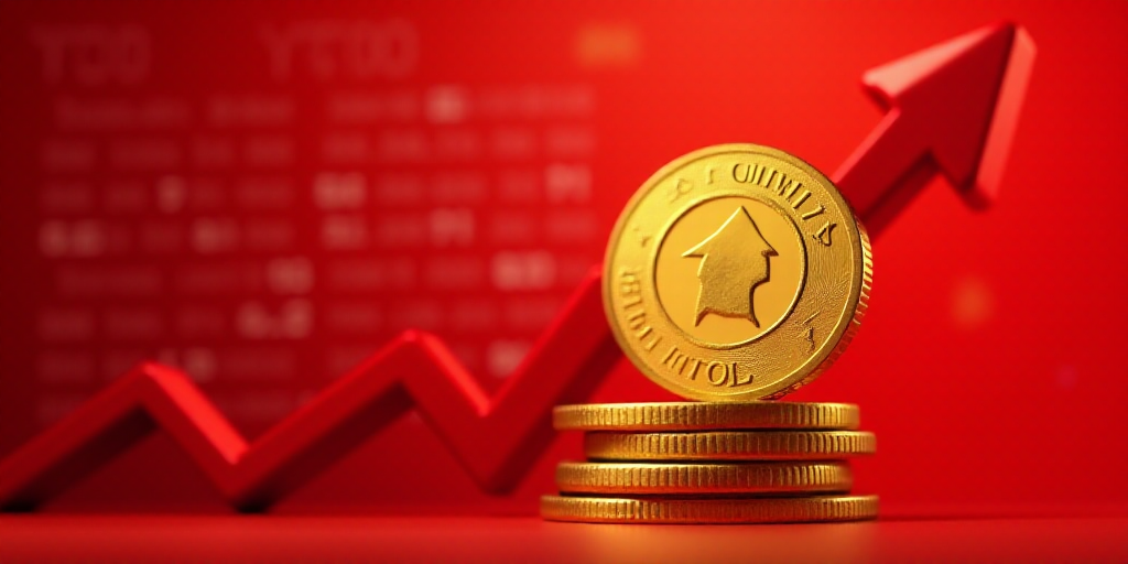 a gold coin with an arrow pointing up on a red background with numbers and symbols in the background