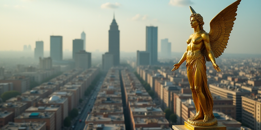 a golden statue of an angel on top of a building in a city with tall buildings in the background, Da