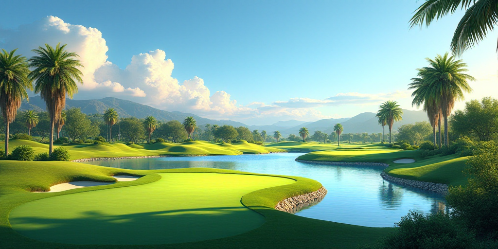 a golf course with a pond and palm trees in the background and a golf course in the foreground, Art