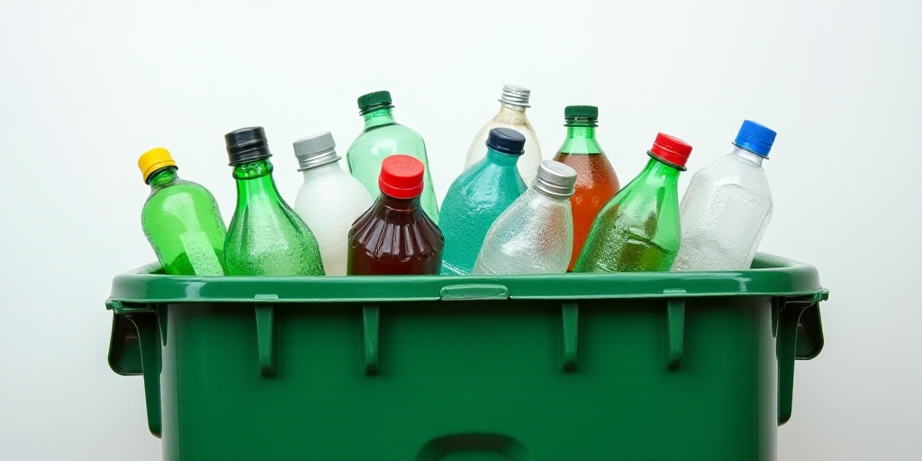 a green bin filled with lots of garbage and plastic bottles and other items in it and a white wall b