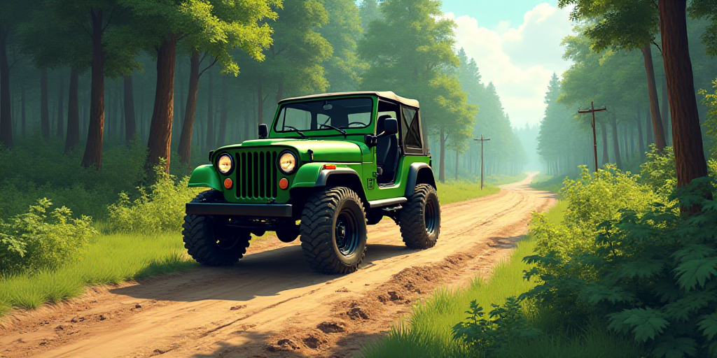 a green jeep driving down a dirt road next to a forest filled with trees and bushes on a sunny day,