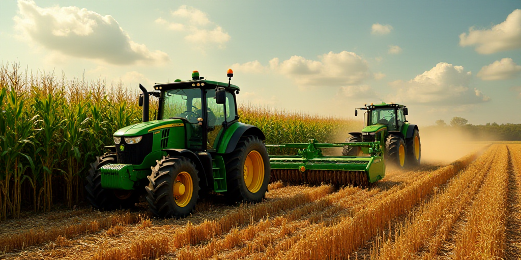 a green tractor is driving through a corn field with a green rake in the foreground and a green trac