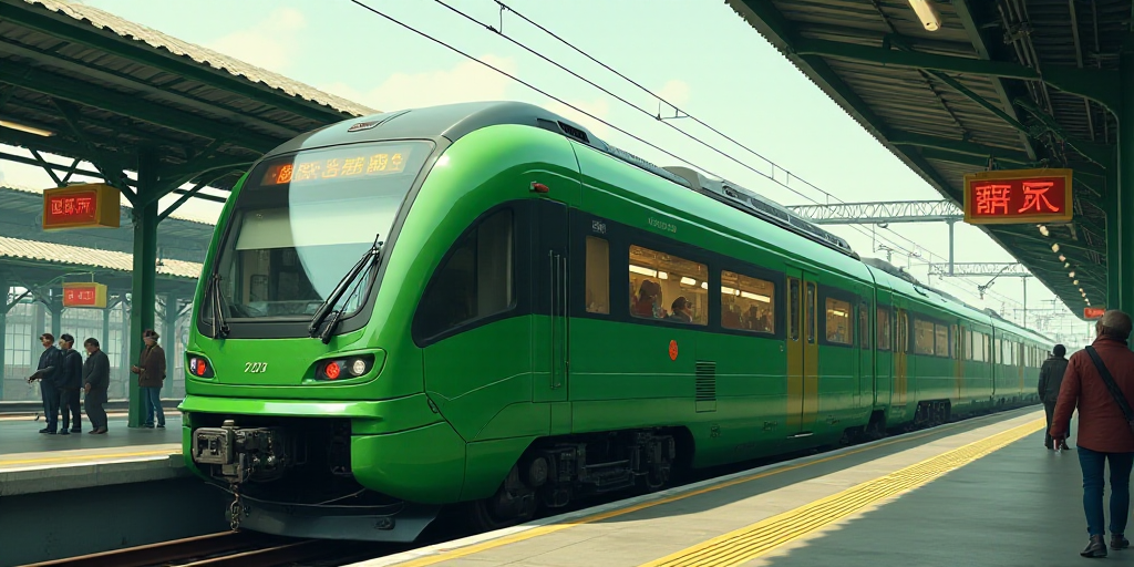 a green train is parked at a station with people waiting on the platform to board it and the train i