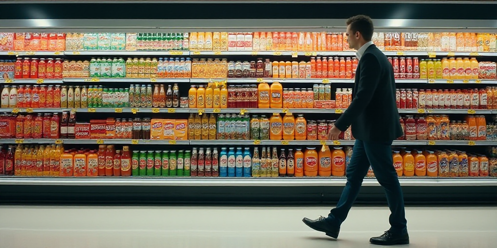 a grocery store aisle with a variety of drinks on display in the aisle and a man walking by the aisl