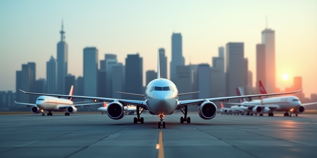 a group of airplanes parked on a runway in front of a city skyline with tall buildings in the backgr