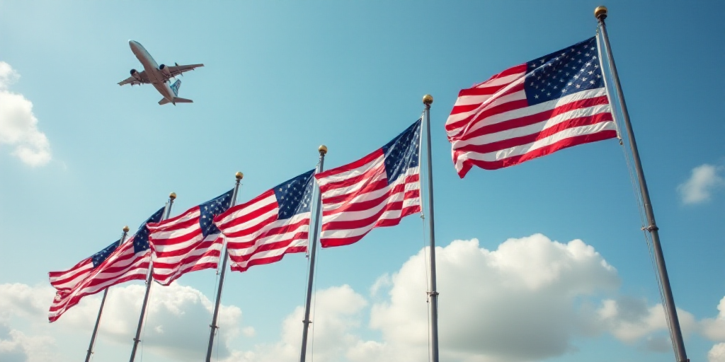 a group of american flags flying in the sky with a jet flying in the background and a plane flying i